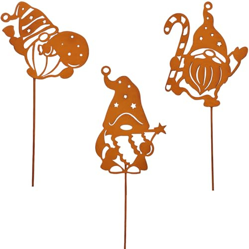 Ljevandria 3er Weihnachtswichtel Rost Gartenstecker Weihnachtsdeko Outdoor Wichtel Figuren Gartendeko für draußen Wetterfest Metall Weihnachten Advent Rost Deko für Garten Balkon Blumentopf