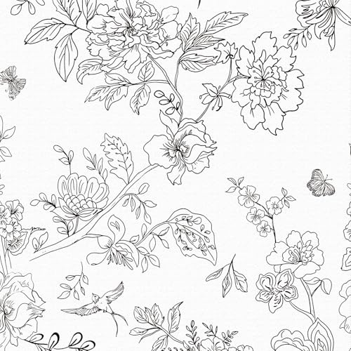 Papier Peint Adhesif Oiseau et Fleur,44 x 500cm Papier Peint Noir et Blanc Papiers Peints Noir Floral Oiseaux Papillon Feuille Botanique Papier Autocollant pour Meuble,Chambre,Salon,Salle de Bain