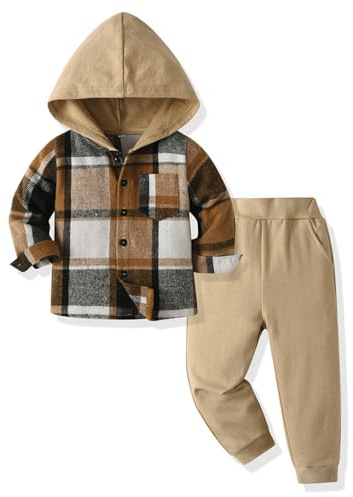 UUAISSO Vêtements Pour Bébés Tout-petits Hauts Garçons Sweat à Capuche Carreaux Pantalons Tenues D'automne et D'hiver Kaki 12-18 mois