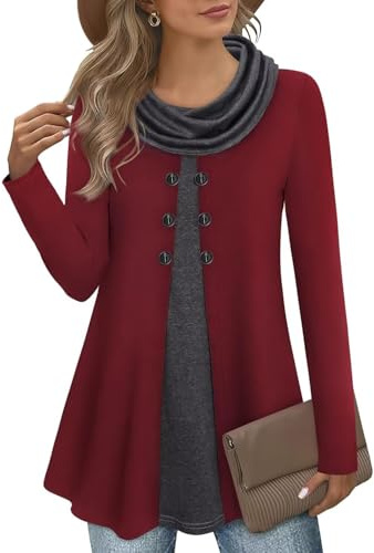 GUUKA Damen Elegant Langarm 2 in 1 Pullover Tunika Herbst Winter Sweatshirt Sweater Mode Patchwork Pulli(Weinrot,2XL)