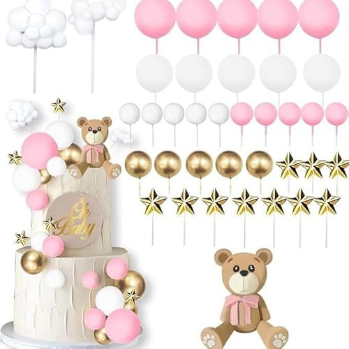 38Pcs Bear Cake Decoration, Baby Shower Cake Topper, Bear Balls Cake Decoration, Boho Bears Cupcake Toppers, Bears Theme Birthday Gender Reveal Baby Shower Party Supplies, Pink