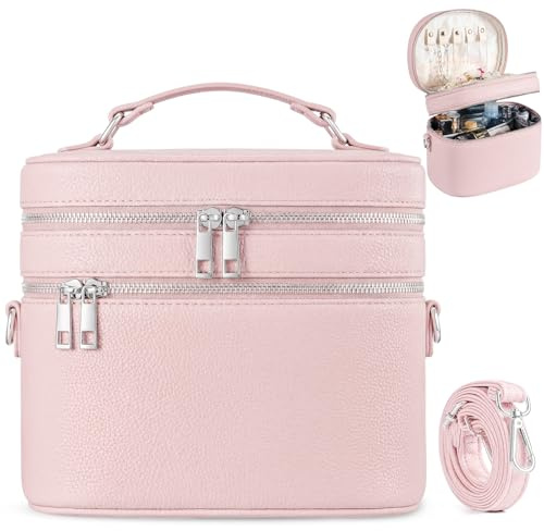 cysiyu Leather Makeup Bag Organizer Double Layer Vanity Bag Large Capacity with Compartments and Handle Travel Portable Storage Crossbody Cosmetic Jewelry Case for Women. Pink