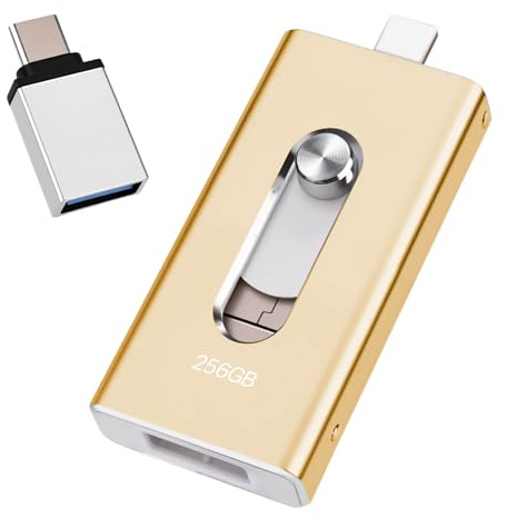 USB Stick 256GB for iPhone, [MFi-certified] 4-in-1 Flash Drive for iphone, Photo Stick for iPhone/iPad/Android/PC, Without App USB 3.0 High-Speed Lightnning Memory Stick Transfer Photos Videos, Gold