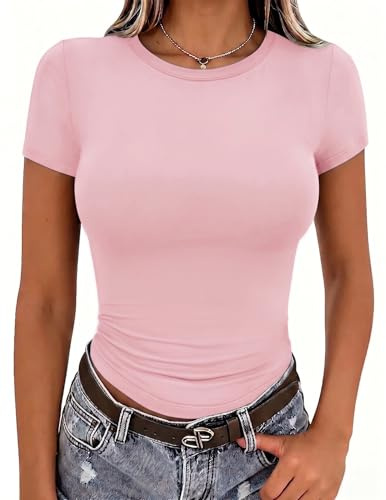 Zeagoo Camiseta de Manga Corta para Mujer Elástico Corta Top Verano Sólido Cuello Redondo Camisa Casual Blusas Rosa Claro M