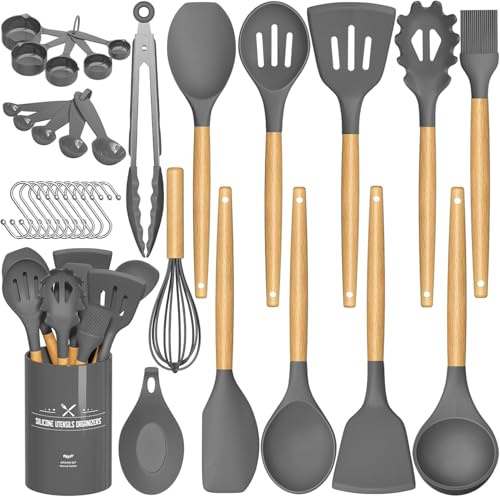 Silikon Küchenhelfer Set, Umiten 24 Stück Kochbesteck Set Küchenutensilien | Küchenset mit Utensilienhalter, Antihaft Hitzebeständiger Kochbesteck Set, Gesund & Spülmaschinenfest - Grau