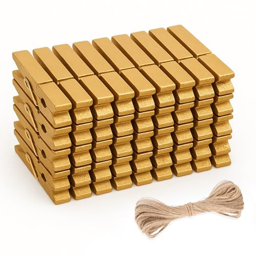 jijAcraft Mollette in legno color ottone, 7 cm: grandi mollette in legno per foto, 50 mollette per foto fai da te, mollette in legno con 10 m di corda di iuta per tele fotografiche vintage