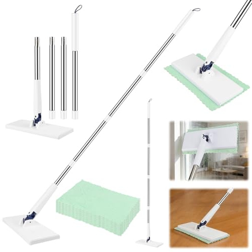 Dfydghb Mopa perezosa con sistema de sujeción a presión, mini fregona con cambio automático de paño, sin lavado de manos, 1 botón de cambio, 10 paños de microfibra reutilizables para suelos, azulejos