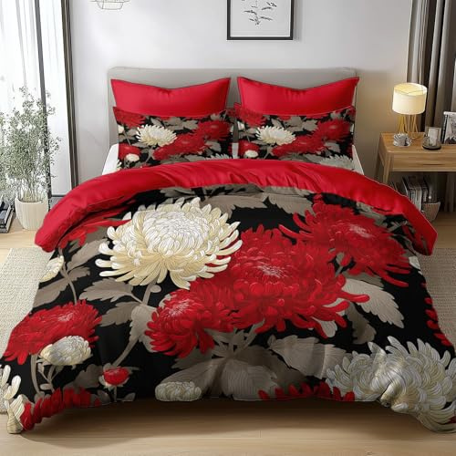 Set Copripiumino Singolo Matrimoniale 200 x 200 cm Stile Giapponese Crisantemi Disegno A Linee Copripiumino con 2 Federa in Poliestere Cotone, Set Biancheria da Letto Confortevole Anallergico, Rosso