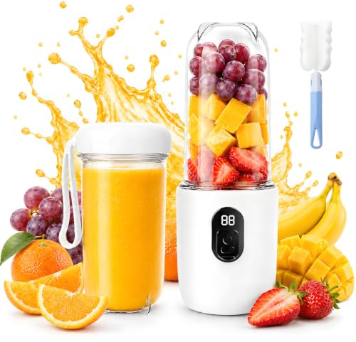 Mini Licuadora Portatil, 500 ml Mini Batidora Portatil con Pantalla Led, 16 Cuchillas Smoothie Maker con Cepillo de Limpieza, Licuadora Portatil Recargable para Batidos de Jugo y Batidos, Blanco