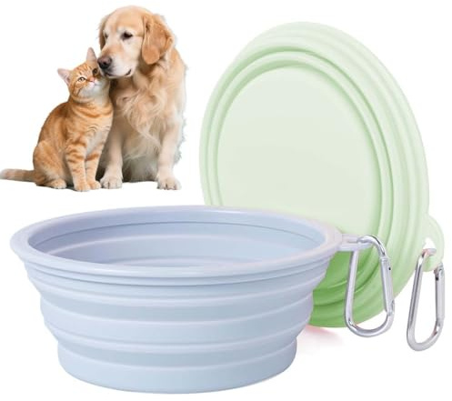 MKEAWWU Ciotola Portatile Per Cani Pieghevole Silicone, 2 Pezzi Da Viaggio Con Moschettone, 350 Ml, Blu Grigio E Verde