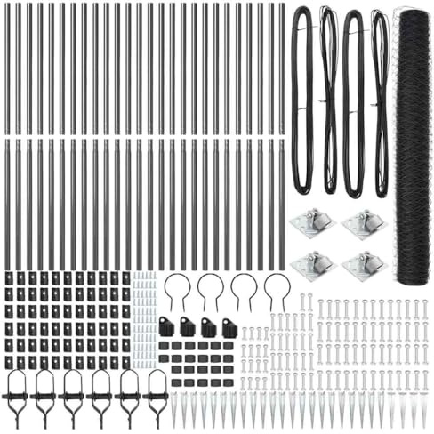 Qnhdfrt Gartenzaun Set 50m x 1,40m aus Stahl und PVC, Maschendrahtzaun Umrandung für Garten und Terrasse, Zaunpfosten mit Erdspießen, Grau, Stabiler Metallzaun zur Grundstücksbegrenzung