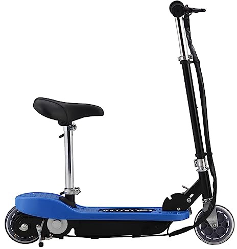 QUAHEAS E-Scooter med säte 120 W, blå, vikbar, höjdjusterbar, barnvagnsvagn med broms och punkteringssäkra däck för utomhusbruk, fritid, pendling, stad och fitness med aluminiumram