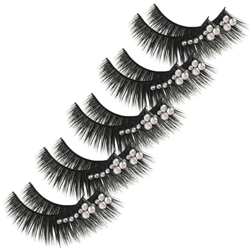 CAXUSD 5 Pairs Performance Stage False Lashes with Rhinestones, Long Thick Artificial Eyelashes for Women, Dramatic Natural Look Fake Lashes for Dance and Cosplay