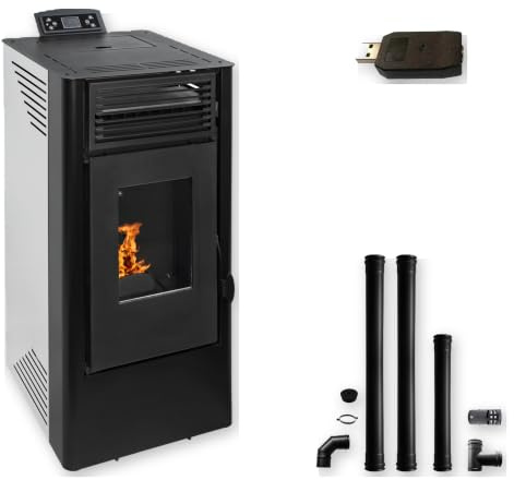 EIDER BIOMASA Estufa de Pellets ANDRÓMEDA 9 – 8,99 kW – Rendimiento 94% – Hasta 210 m³ – Tolva 15 kg – Programable WiFi – Encendido Rápido – Clase A++ + Kit Tubos Ø80 mm + Módulo WiFi