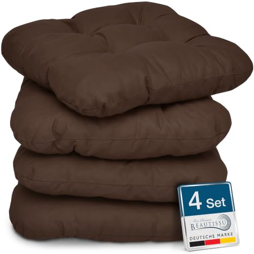 Beautissu 4er Set Sitzkissen Indoor & Outdoor mit Schaumstoff Füllung | 40x40cm Braun weiche robuste widerstandsfähige Sitzpolster 8cm für Außenbereich Kissen Stuhlkissen Garten Lisa
