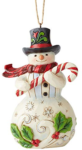 Enesco Jim Shore Heartwood Creek Snowman with Candy Cane Hanging Ornament, 4.75 Inch, Multicolor