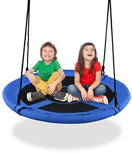 GOPLUS Balançoire Nid d’Oiseau Rond, Balançoire de Jardin en Tissu Oxford et PP, Ø100CM, Hauteur Réglable 100-160CM, Charge Maximale 150KG, pour Enfant/Adulte/Animaux de Compagnie (Bleu