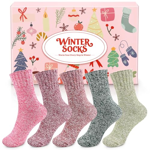 Chaussettes chaudes en laine pour femme - Style vintage - 5 paires de Chaussettes chaudes en coton - Douces et chaudes - Confortables - Pour la maison, le bureau, l'hiver Cadeaux de Noël