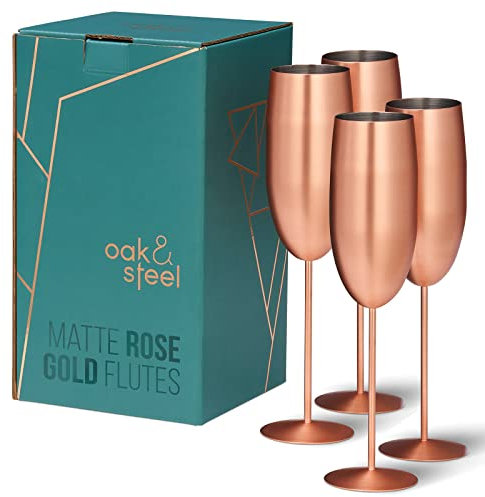 Oak & Steel - 4 Bicchieri Da Prosecco Con Flute Da Champagne, Acciaio Inox Finitura Rame Oro Rosa, 285 Ml - Confezione Regalo