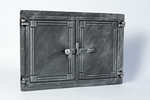 SEZAM Puerta Doble para Horno de Pan y Pizza de Hierro Fundido Con Pestillo, 48 x 3 x 32,5 cm, Color Plateado Envejecido