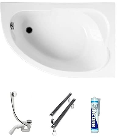 ECOLAM® Badewanne Wanne Eckwanne Eckbadewanne Acryl weiß Standard Polimat 130x85 cm RECHTS + Ablaufgarnitur Ab- und Überlauf Automatik Füße Silikon Set