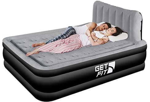 Get Fit Air Bed With Built In Electric Pump - Premium King Airbed - Quick Blow Up Bed With Headboard, 2 FREE Inflatable Pillows - Elevated Inflatable Air Mattress For Outdoor, Camping - Black/Grey