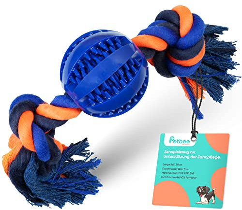 PETBEE Seilspielzeug für Hunde | Ball mit Seil | Futterball für Hunde | Seil ca. 30 cm Länge | Ball Durchmesser ca. 6,5 cm | Hundeball zur Unterstützung der Zahnpflege