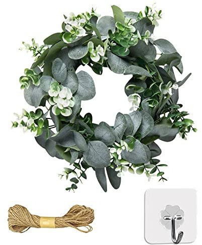 13.8 Inch Artificial Eucalyptus Wreath Front Door Eucalyptus Wreath Spring Summer Green Wreath with White Berries Green Leaf for Window Front Door Patio Garden Wall Decor