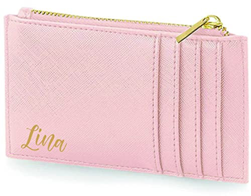 AWASG Personalisiertes Kartenetui mit Münzfach für Damen Herren | Kleine Geldbörse mit Kartenfach | Kartenhalter Portemonnaie für Sie Ihn mit Name rosa