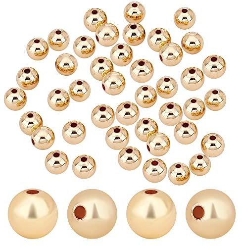 PandaHall 60 Stück 14K Vergoldete Perlen 8 mm Glatte Perlen Langlebige Runde Abstandsperlen Nahtlose Lose Kugelperlen Goldene Metallperlen Für Sommer Hawaii Stapelbare Halskette Armband Ohrring
