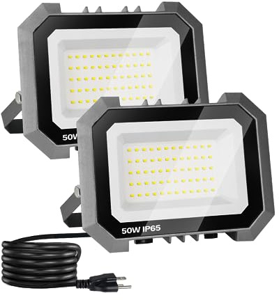 Leddictive 2 Pack LED Flood Lights Outdoor, 50W 5000LM Super Bright Floodlight Outside Work Light with 5.9FT Plug, IP65 Waterproof 6000K Outdoor LED Flood Light for Garage, Yard, Lawn, Garden