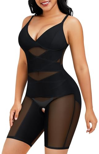 Junlan Shapewear Bodysuit for Women V Neck Butt Lifter Full Body Shaper Tummy Control Thigh Slimmer Shorts Seamless Jumpsuit One Piece (Black,M)