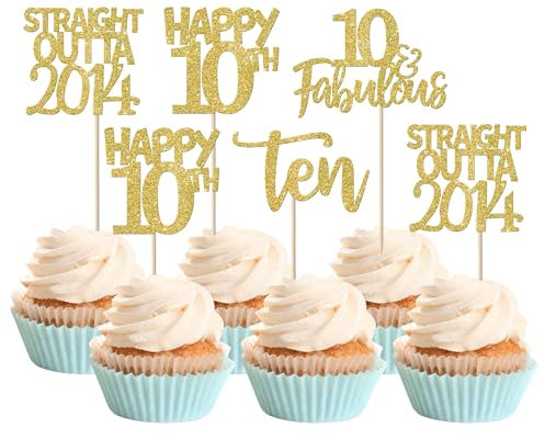 SYKYCTCY 24 Pack Happy 10th Birthday Cupcake Toppers Straight Outta 2015 Ten Awesome Since 2015 Cupcake Picks 10 Fabulous Cake Decorations for Birthday Anniversary Party Gold