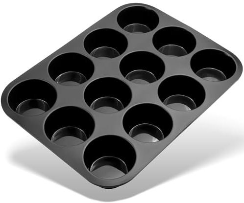 Eidoct 12 Hole Muffin Tray with PFOA Non Stick, Robust 1mm Carbon Steel, 35 x 27cm Cupcake Tin, Non Stick Sturdy Cupcake Baking Muffin Tray Yorkshire Pudding Baking Pan