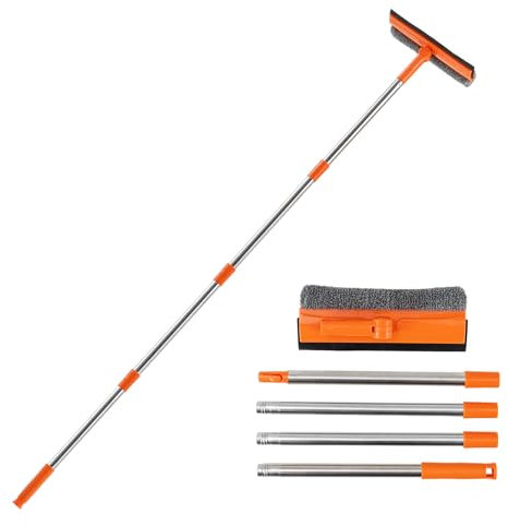 Professional 2 in 1 Window Squeegee with 68 Long Stainless Steel Handle,Microfiber Cloth and Rubber Car Window Squeegee for Gas Station, Glass,Shower
