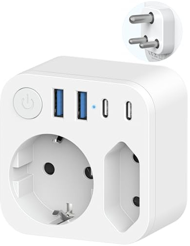 2 Fach Deutschland nach Indien Reiseadapter mit 4 USB (2 Typ-C), Weiß | Indien Outlet Adapter, Reisestecker Steckeradapter Schuko auf Typ D für Sri Lanka, Indien, Nepal Steckdose