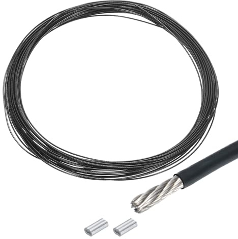 QUARKZMAN 10M x 1,2mm (33Ft x 3/64) Fune Metallico Cavo Acciaio Inossidabile 304, Tenditore Tirante con 2pz Manicotti Alluminio per Appendere Stendibiancheria Sollevamento, Nero