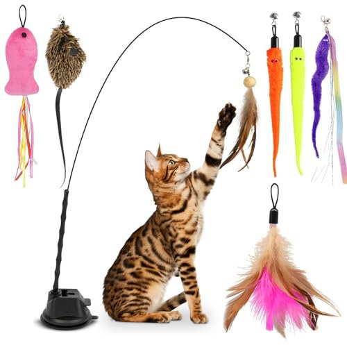ATSGJLZN 9 Stück Katzenangel Stabil,Interaktives Katzenspielzeug Selbstbeschäftigung,Katzen Kitten Spielzeug mit Abnehmbarem Saugnapf,Cat Toys mit Maus Feder Angeln