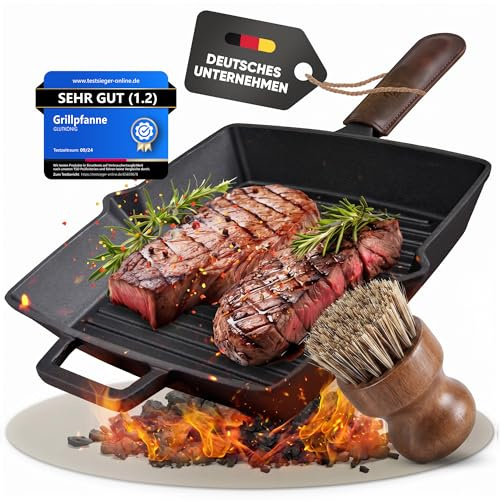 GLUTKÖNIG Grillpfanne Gusseisen emailliert [26 cm] Kein Einbrennen nötig | Eckige Steakpfanne mit Rillen zum Grillen - für alle Herdarten, Ofen, Induktion | Grill-Pfanne mit Reinigungsbürste