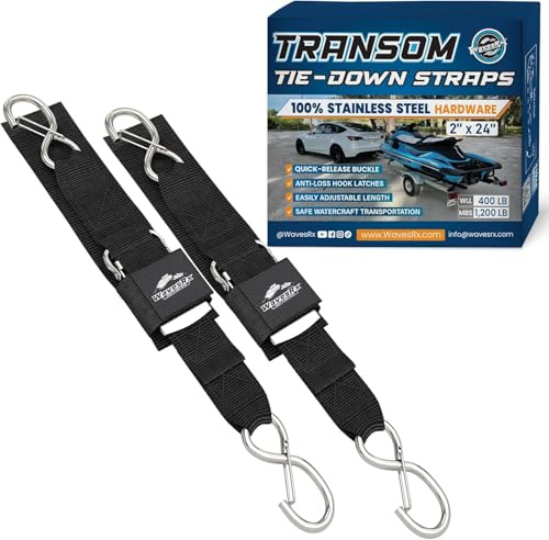 WavesRx Stainless Steel Boat & Jet Ski Transom Tie Down Straps – 2 x 24 (2PK) – Heavy Duty Trailer Tie Downs with Quick Release Buckles – 1,200 lbs MBS – Marine-Grade PWC & Boat Trailer Accessories