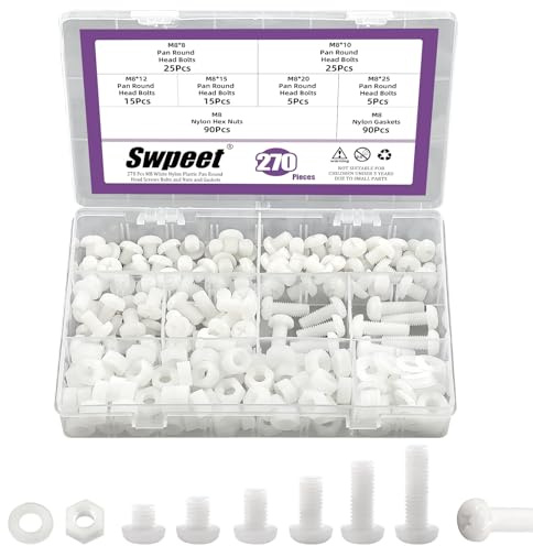 Swpeet 170 tornillos de cabeza redonda de nailon blanco M8 de 6 tamaños con tuercas hexagonales y juntas, tornillo de cabeza redonda Phillips de nailon, tornillos de máquina de plástico de nailon,
