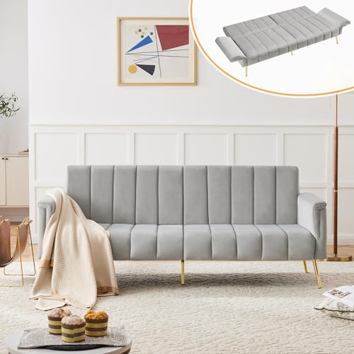DRIXNO Klappbares Schlafsofa Aus Samtstoff - 4-Sitzer Mit Hilfsfüßen Und Schlaffunktion, Grau - Geeignet Für Wohnzimmer, Schlafzimmer, Heimkino, Gästezimmer