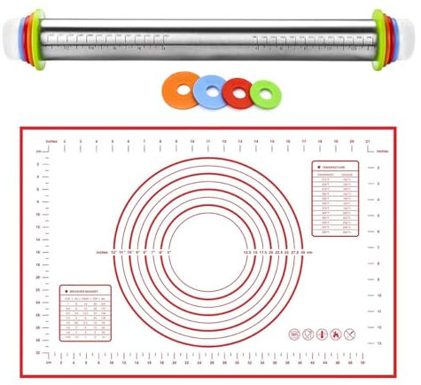 mattarello Perni rotanti Set mattarello e tappetino da forno in silicone, rullo per impastare in acciaio inossidabile con anelli di spessore regolabile, mattarello per biscotti e pasticcini per pizza