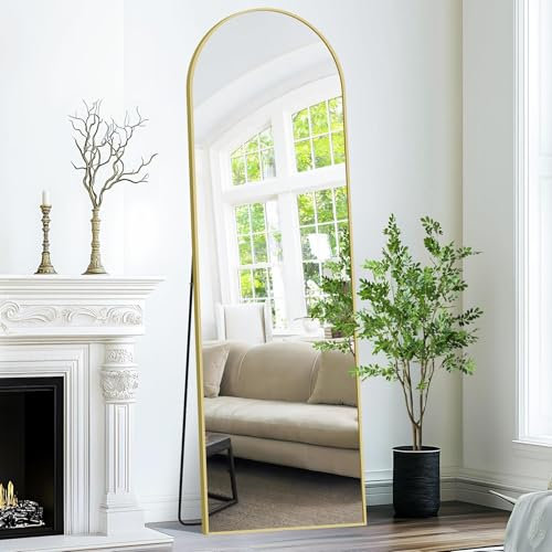 Weare Home Espejo de Cuerpo Entero, 150 x 40 cm, Espejo de Pie Curvado, Espejo de Pared con Marco de Aluminio Dorado y Soporte para Sala Dormitorio
