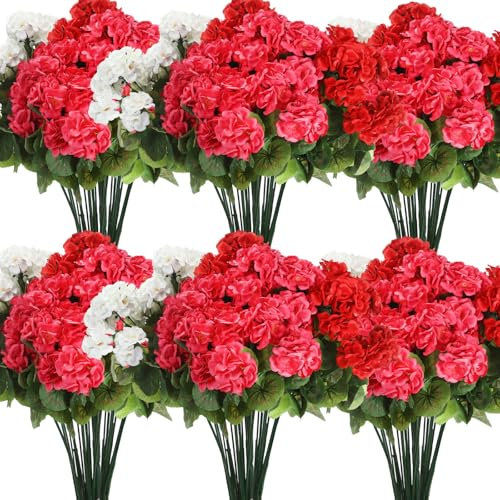 Giegxin Confezione da 8 gerani artificiali in seta, 45,7 cm, fiori di geranio finti, boccioli di geranio per casa, giardino, matrimoni, decorazioni per interni ed esterni (rosso rubino, rosa scuro,
