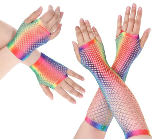 Giantree 2 Pairs Fishnet Gloves Fingerless For Women, 80s Fishnet Gloves Fishnets Arm Sleeves for Theme Party Costume Accessory (Rainbow)