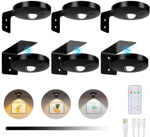 ENCOFT Lampe Murale Sans Fil Dimmable Spot LED Rechargeable avec 3 Températures de Couleur Applique Murale a Pile avec Télécommande Noir Magnetic Painting Light(6 Pack