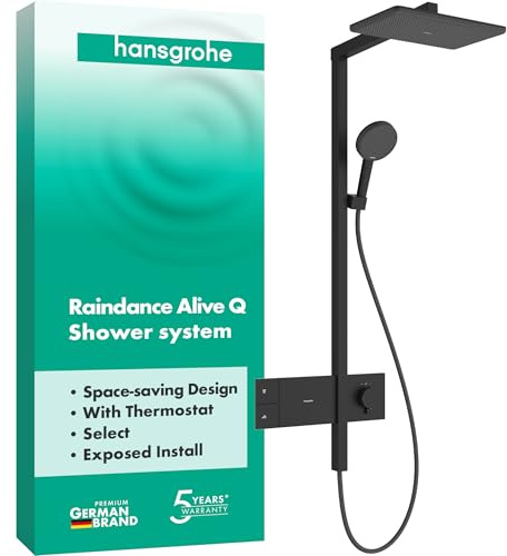 hansgrohe Raindance Alive Q - Duschsystem mit Thermostat, Regendusche (340 x 210 mm) mit Armatur, Handbrause (3 Strahlarten), Schlauch, Brausestange und Kopfbrause, Mattschwarz, 24580670