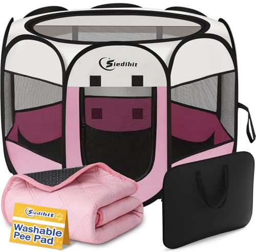 Siedihit Dog Cat Pet Playpen Tent Crate Cage with Washable Pad, Medium Pink | Breathable double-layer mesh Wide applicability Recovery After Surgery Portable Easy to Set up lightweight Recovering Pets