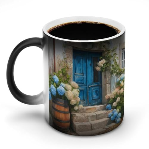 Jubonexis Rustic Old House Blue Door Hydrangeas Color Changing Mugs Heat Changing Ceramic Coffee Mug Novelty Funny Tea Water Cup 11OZ
